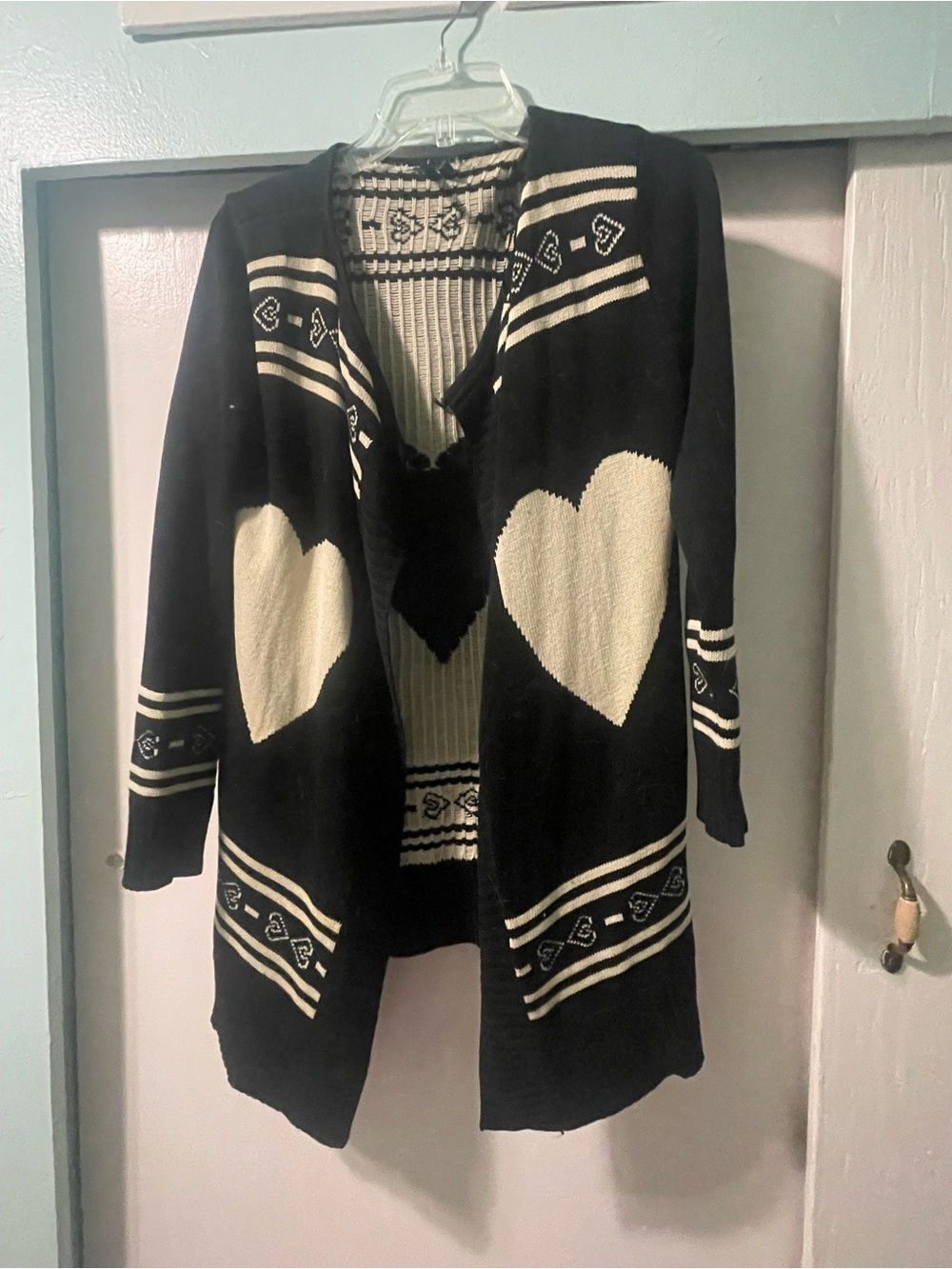 Black and Cream Heart Knit Open Cardigan Sweater